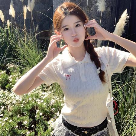 BY10719# polo领针织短袖女新款刺绣复古学院风麻花毛衣t恤上衣 服裝批發女裝批發服飾貨源