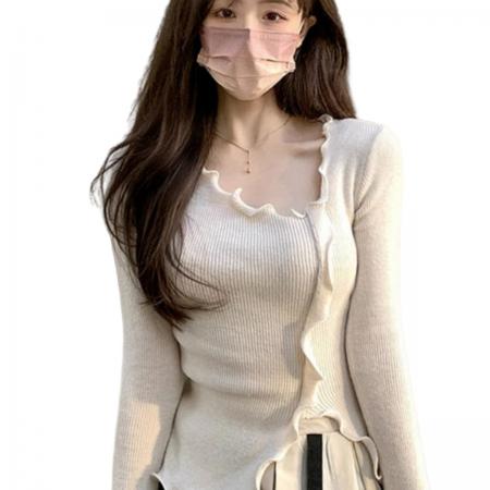 BY10720# 原版版型木耳边不规则针织衫女秋款法式短款内搭打底长袖上衣 服裝批發女裝批發服飾貨源