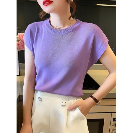 BY10721# 新款冰丝针织衫女夏季薄款落肩袖宽松显瘦圆领短袖打底上衣 服裝批發女裝批發服飾貨源