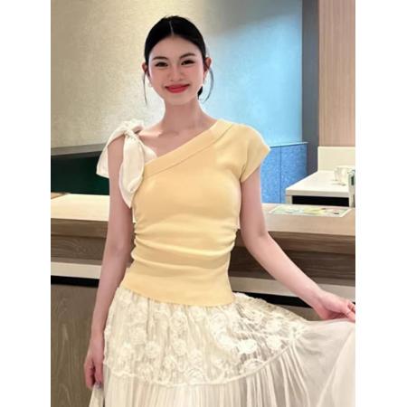 BY10723# 法式蝴蝶结绑带斜肩短袖t恤女新款爆款夏季修身独特漂亮上衣 服裝批發女裝批發服飾貨源