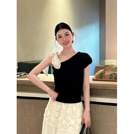 BY10723# 法式蝴蝶结绑带斜肩短袖t恤女新款爆款夏季修身独特漂亮上衣 服裝批發女裝批發服飾貨源