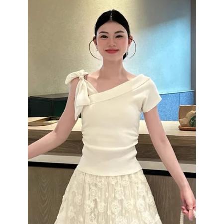 BY10723# 法式蝴蝶结绑带斜肩短袖t恤女新款爆款夏季修身独特漂亮上衣 服裝批發女裝批發服飾貨源