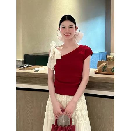 BY10723# 法式蝴蝶结绑带斜肩短袖t恤女新款爆款夏季修身独特漂亮上衣 服裝批發女裝批發服飾貨源