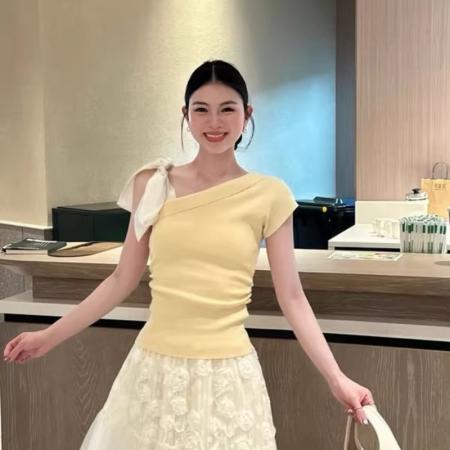 BY10723# 法式蝴蝶结绑带斜肩短袖t恤女新款爆款夏季修身独特漂亮上衣 服裝批發女裝批發服飾貨源