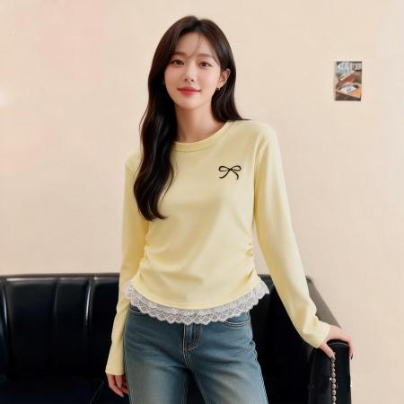 纯棉韩系蝴蝶结刺绣长袖T恤女修身内搭打底衫韩版设计感上衣 服裝批發女裝批發服飾貨源