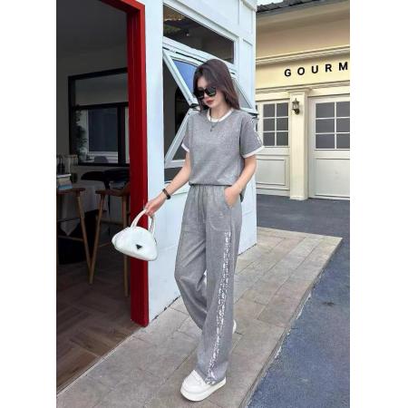 BY10727# FA56854# 运动服休闲针织两件套装女春夏季新款圆领短袖t恤阔腿裤套装