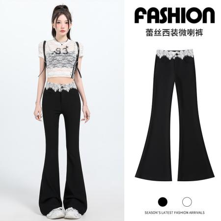 FA56855#蕾丝拼接西装微喇裤女春夏新款高腰弹力显瘦休闲阔腿裤子