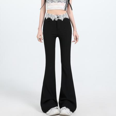 BY10728# FA56855#蕾丝拼接西装微喇裤女春夏新款高腰弹力显瘦休闲阔腿裤子