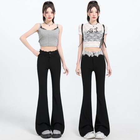 BY10728# FA56855#蕾丝拼接西装微喇裤女春夏新款高腰弹力显瘦休闲阔腿裤子