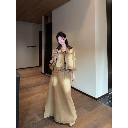 BY10727# 复古美式休闲牛仔套装裙皮领工装牛仔夹克半身裙两件套 服裝批發女裝批發服飾貨源