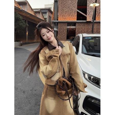 BY10727# 复古美式休闲牛仔套装裙皮领工装牛仔夹克半身裙两件套 服裝批發女裝批發服飾貨源