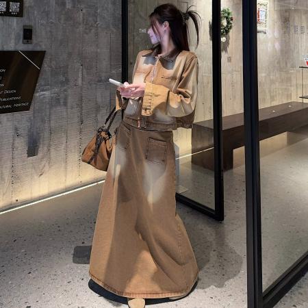 BY10727# 复古美式休闲牛仔套装裙皮领工装牛仔夹克半身裙两件套 服裝批發女裝批發服飾貨源