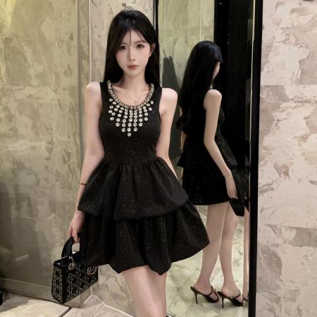 BY10733# 春季名媛重工闪闪钻领千金小黑裙小礼裙收腰蓬蓬连衣裙 服裝批發女裝批發服飾貨源