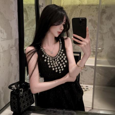 BY10733# 春季名媛重工闪闪钻领千金小黑裙小礼裙收腰蓬蓬连衣裙 服裝批發女裝批發服飾貨源