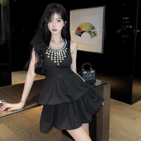 BY10733# 春季名媛重工闪闪钻领千金小黑裙小礼裙收腰蓬蓬连衣裙 服裝批發女裝批發服飾貨源