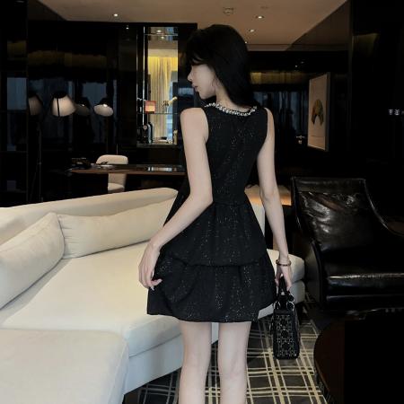 BY10733# 春季名媛重工闪闪钻领千金小黑裙小礼裙收腰蓬蓬连衣裙 服裝批發女裝批發服飾貨源