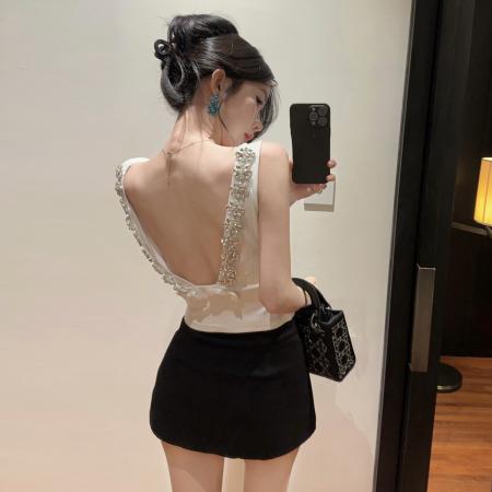 BY10734# 甜美小香风气质重工钉钻蝴蝶结大露背吊带背心短款上衣 服裝批發女裝批發服飾貨源