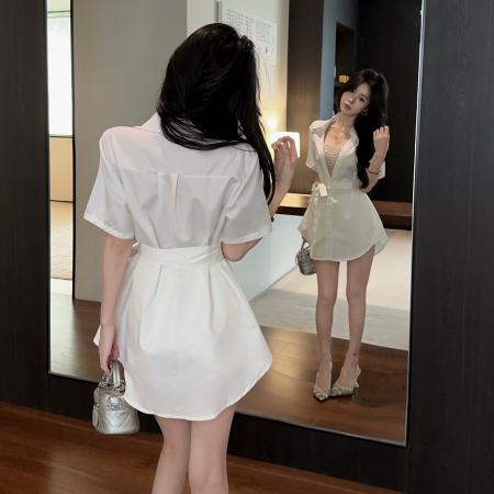 BY10735# 纯欲风高级感短袖新款深V性感绑带钻链尚衬衫连衣裙 服裝批發女裝批發服飾貨源