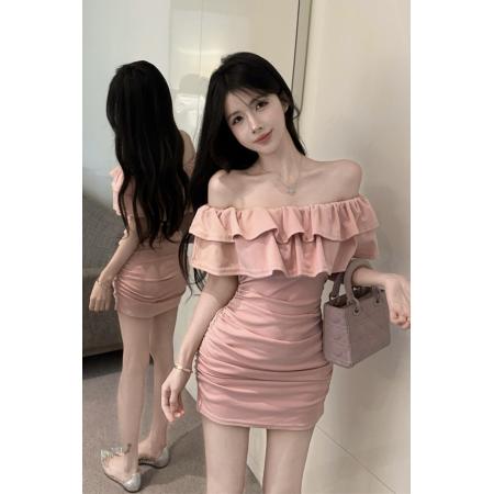 BY10742# 夏季韩版抹胸型短袖一字领露锁骨性感包臀荷叶边抽皱连衣裙 服裝批發女裝批發服飾貨源
