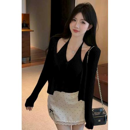 BY10744# 春秋V领拼接假两件开衫宽松辣妹挂脖式短款排扣螺纹毛针织衫 服裝批發女裝批發服飾貨源