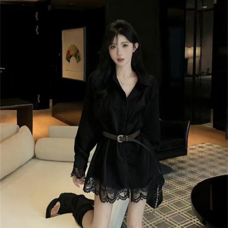 BY10749# 法式POLO领拼接蕾丝边长袖短裙宽松显瘦辣妹中长款配腰带衬衫 服裝批發女裝批發服飾貨源