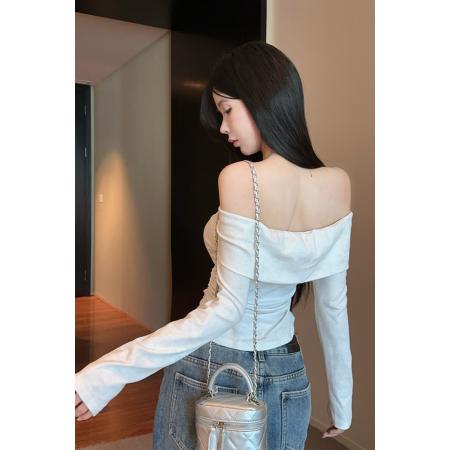 BY10750# 早秋一字肩拼接迷彩收腰抹胸型露背不规则长袖辣妹褶皱T恤 服裝批發女裝批發服飾貨源