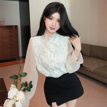 BY10754# 春秋法式竖领拼接蝴蝶结设计感上衣宽松印花单排扣开衫衬衣 服裝批發女裝批發服飾貨源