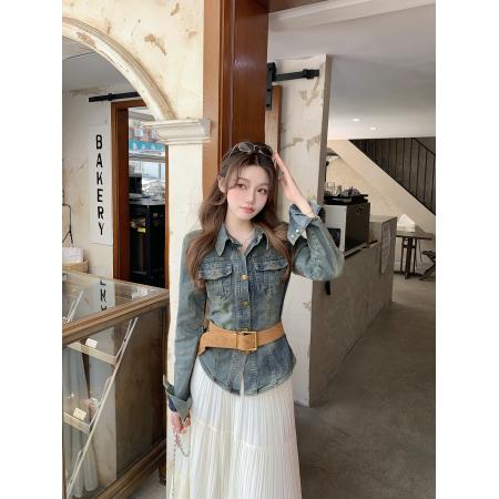 时尚套装复古牛仔收腰外套女装春季宽松垂感半身裙两件套 服裝批發女裝批發服飾貨源