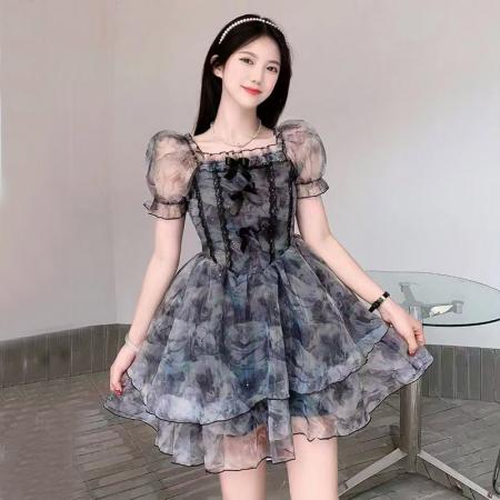 BY10756# 夏季新款女装气质蓬蓬短袖网纱碎花连衣裙 服裝批發女裝批發服飾貨源