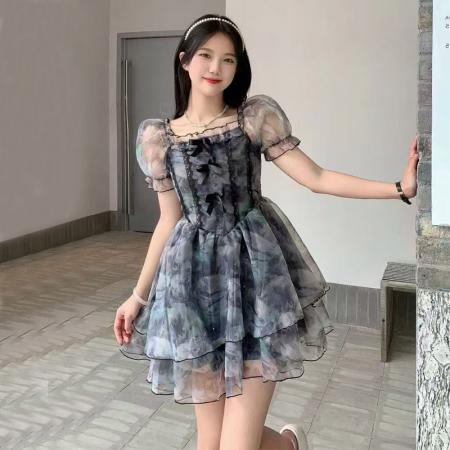 BY10756# 夏季新款女装气质蓬蓬短袖网纱碎花连衣裙 服裝批發女裝批發服飾貨源