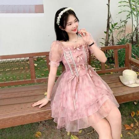 BY10756# 夏季新款女装气质蓬蓬短袖网纱碎花连衣裙 服裝批發女裝批發服飾貨源