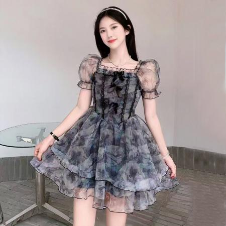 BY10756# 夏季新款女装气质蓬蓬短袖网纱碎花连衣裙 服裝批發女裝批發服飾貨源