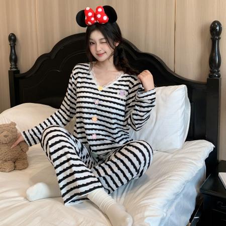 BY10757# 新款带胸垫睡衣女色织甜美条纹蕾丝花边家居服 服裝批發女裝批發服飾貨源