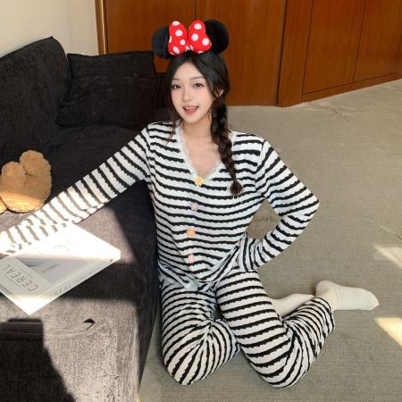 BY10757# 新款带胸垫睡衣女色织甜美条纹蕾丝花边家居服 服裝批發女裝批發服飾貨源