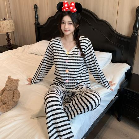 BY10757# 新款带胸垫睡衣女色织甜美条纹蕾丝花边家居服 服裝批發女裝批發服飾貨源