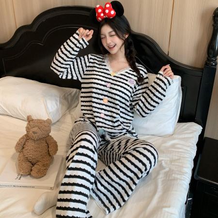 BY10757# 新款带胸垫睡衣女色织甜美条纹蕾丝花边家居服 服裝批發女裝批發服飾貨源