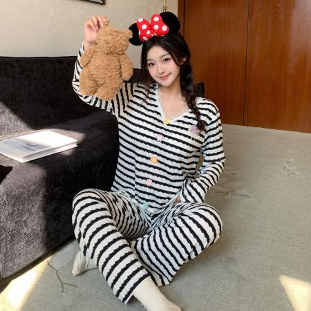 BY10757# 新款带胸垫睡衣女色织甜美条纹蕾丝花边家居服 服裝批發女裝批發服飾貨源