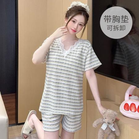 BY10760# 色织条纹睡衣女夏季甜美带胸垫短袖短裤大码220斤家居服 服裝批發女裝批發服飾貨源