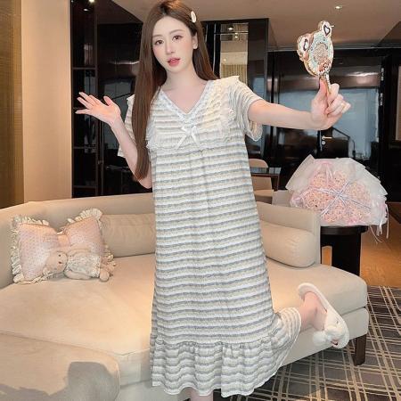 BY10761# 色织条纹睡衣女夏季公主风短袖中长睡裙大码220斤家居服 服裝批發女裝批發服飾貨源