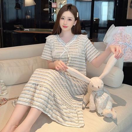 BY10761# 色织条纹睡衣女夏季公主风短袖中长睡裙大码220斤家居服 服裝批發女裝批發服飾貨源