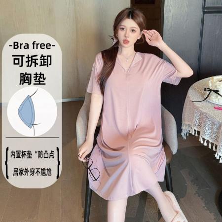 BY10764# 莫代尔睡衣女甜美短袖带胸垫可拆取中长睡裙加肥250斤家居 服裝批發女裝批發服飾貨源