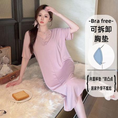 BY10764# 莫代尔睡衣女甜美短袖带胸垫可拆取中长睡裙加肥250斤家居 服裝批發女裝批發服飾貨源