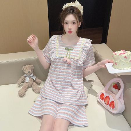 BY10765# 色织条纹睡衣女夏季甜美带胸垫短袖短裤大码220斤家居服 服裝批發女裝批發服飾貨源