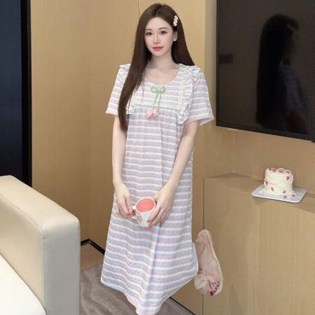 BY10766# 色织条纹睡衣女夏季公主风短袖中长睡裙大码220斤家居服 服裝批發女裝批發服飾貨源