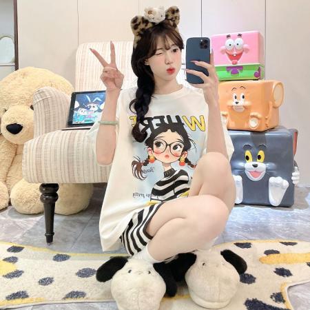 BY10767# 女睡衣夏季新款拉架仿棉圆领短袖短裤可爱舒适家居服套装 服裝批發女裝批發服飾貨源