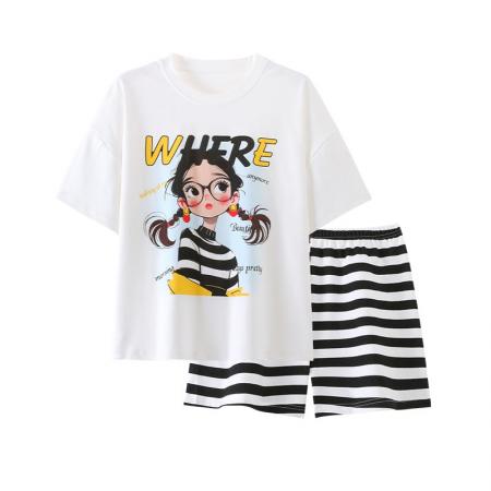 BY10767# 女睡衣夏季新款拉架仿棉圆领短袖短裤可爱舒适家居服套装 服裝批發女裝批發服飾貨源