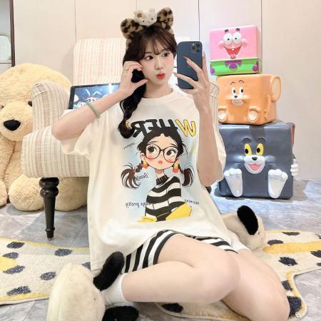 BY10767# 女睡衣夏季新款拉架仿棉圆领短袖短裤可爱舒适家居服套装 服裝批發女裝批發服飾貨源