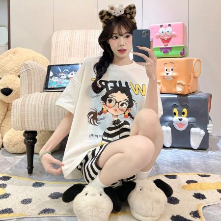 BY10767# 女睡衣夏季新款拉架仿棉圆领短袖短裤可爱舒适家居服套装 服裝批發女裝批發服飾貨源