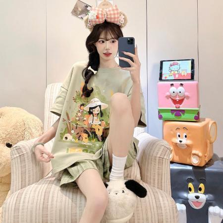 BY10768# 女睡衣夏季新款拉架仿棉圆领短袖短裤可爱舒适家居服套装 服裝批發女裝批發服飾貨源