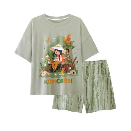 BY10768# 女睡衣夏季新款拉架仿棉圆领短袖短裤可爱舒适家居服套装 服裝批發女裝批發服飾貨源